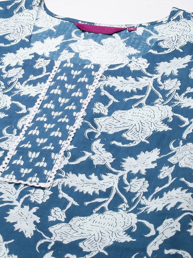 ANNI DESIGNER Women's Cotton Blend Printed Straight Kurta with Pant (Pustak Blue) 66